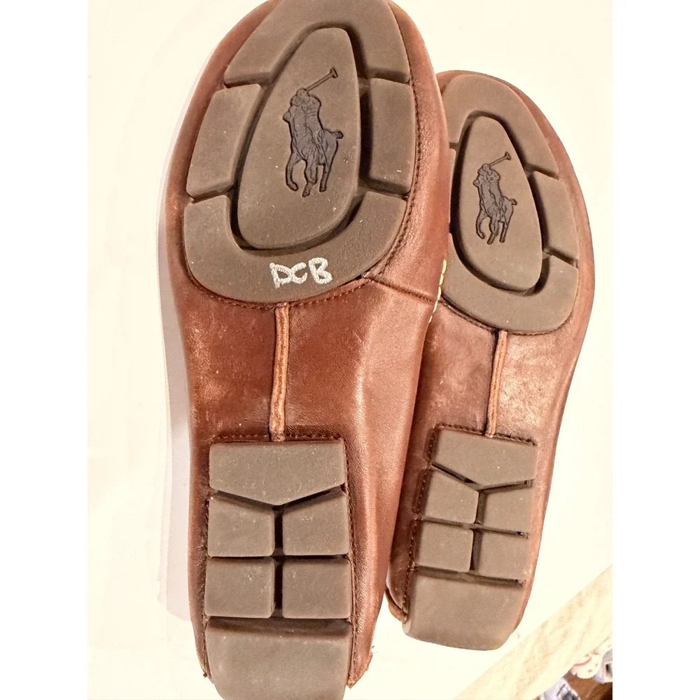 Polo Ralph Lauren Terry Ribbon Brown Leather Driving Loafers Mens 12 B12 Stripe